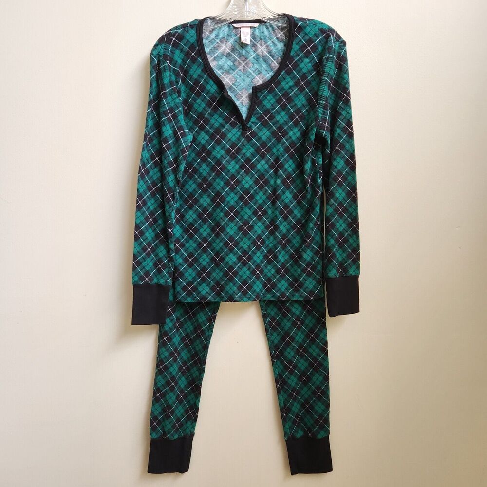 Victoria's Secret Pajama Set Womens M Green Plaid Thermal Pants Top Comfort Cozy